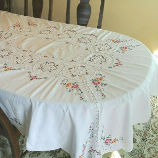 Vintage Hand Made Cut Work Embroidery And Crochet Tablecloth 80 " X 64 " Floral