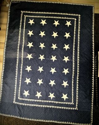 Judi Boisson " Patriotic Stars " Quilt In Navy With White Stars & Double Sawtooth