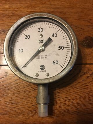 Vintage Usg (us Gauge Co. ) 0 - 60 Psi Pressure Gauge 4.  5” Diameter Face Steampunk