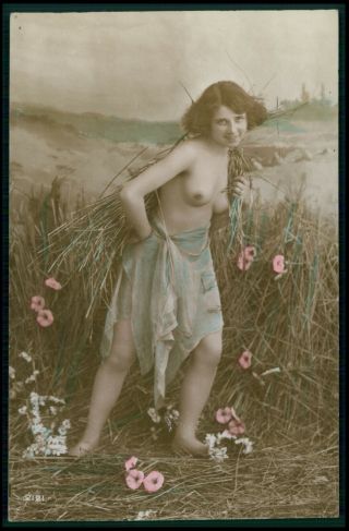 French Nude Woman Wild Grass Country Girl Old 1910s Tinted Color Photo Postcard