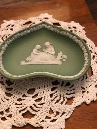 Vintage Mini Wedgewood Green Heart Dish Mother With Child Jasper Ware England 2
