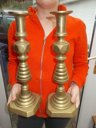Pair Large Beehive & Diamonds Brass Candlesticks With Candle Pushers