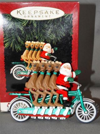 Hallmark Keepsake Christmas Ornament Santa & Reindeer Cheery Cyclists 1994