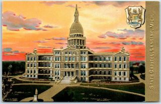 1910s Lansing,  Michigan Embossed Postcard State Capitol Building -