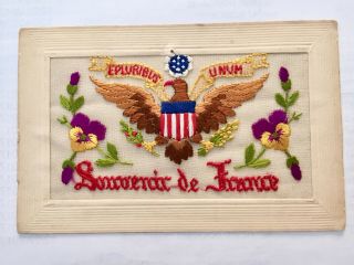 Ww1 Embroidered Silk Postcard Souvenir De France - American Symbolism