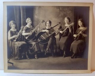 1920s Girls Music Group Photo,  Chicago; Harp Guitar,  Mandocello,  Mandola,  Old