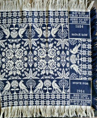 Vintage Hand Loomed Woven 1984 Coverlet Blue & White By D Kline York Pa 48 X 40