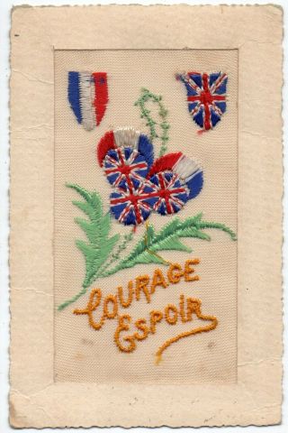 Ww2: Courage Espoir: Rare Patriotic Embroidered Silk Postcard