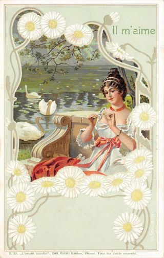 Lp68 Woman Vintage Postcard Artist Signed H.  Schubert Holding Flower