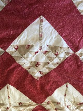 Vintage Cherry Basket Quilt Top Red & White Calico Hand Pieced 72” X 62”