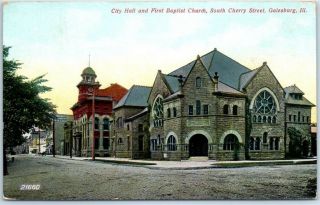 Galesburg,  Il Postcard " City Hall & First Baptist Church,  Cherry Street " 1908