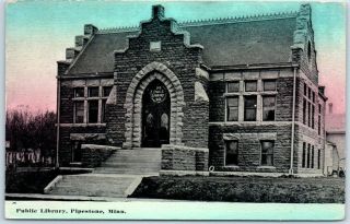 Pipestone,  Minnesota Postcard " Public Library " Street View W/ 1913 Cancel