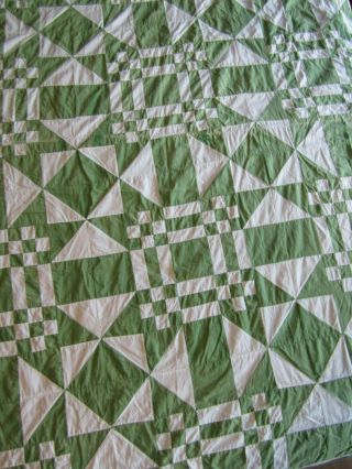 Vintage Hand Sewn Green White Quilt Top 2