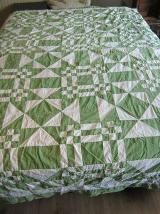 Vintage Hand Sewn Green White Quilt Top 3