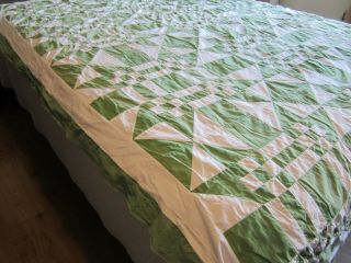 Vintage Hand Sewn Green White Quilt Top 4