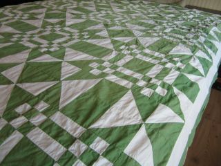 Vintage Hand Sewn Green White Quilt Top 6