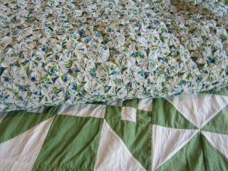 Vintage Hand Sewn Green White Quilt Top 7