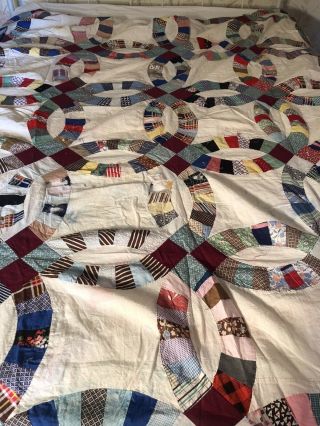 Vintage Double Wedding Ring Quilt Top Hand Stitched 75” X 62”