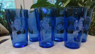 6 Vintage Hazel Atlas Glass Texas Centennial Expo Dallas 1936 Alamo Blue Glasses