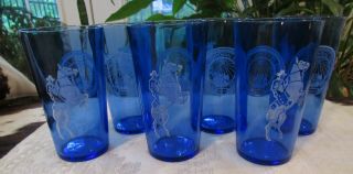 6 Vintage Hazel Atlas Glass TEXAS CENTENNIAL EXPO DALLAS 1936 Alamo Blue Glasses 2