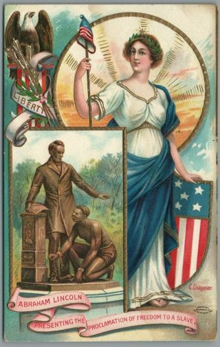 Patriotic Lady Liberty " Abraham Lincoln Proclamation To Slave " Vintage Postcard