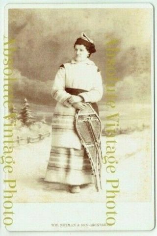 Old Cabinet Photo Lady In Winter Attire With Snow Shoes Montreal Canada 1886