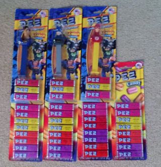 Pez On Card With Candy - Batman - Superman - Flash - (4) 8 Pack Refills - (g)