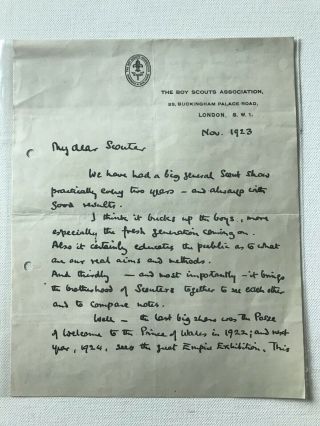 Boy Scout Official Letter Signed Baden Powell Dated On 1923