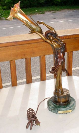 Bronze Deco Swaying Dancer Nude Lamp By Claire Colinet W/ Art Glass Shade N/r