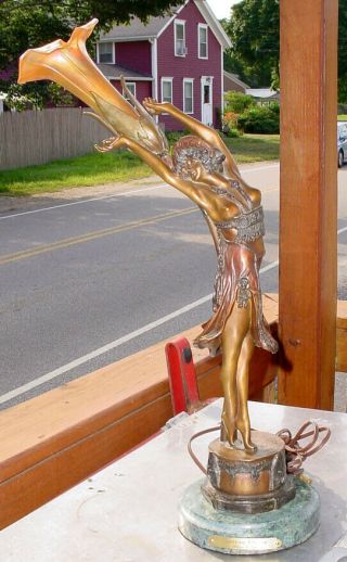 BRONZE DECO SWAYING DANCER NUDE LAMP BY CLAIRE COLINET W/ ART GLASS SHADE N/R 2