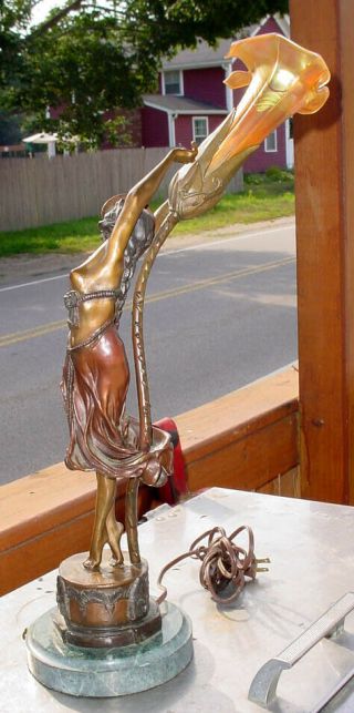 BRONZE DECO SWAYING DANCER NUDE LAMP BY CLAIRE COLINET W/ ART GLASS SHADE N/R 3