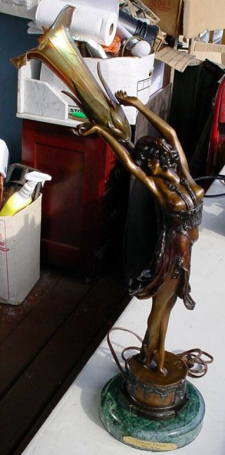 BRONZE DECO SWAYING DANCER NUDE LAMP BY CLAIRE COLINET W/ ART GLASS SHADE N/R 4