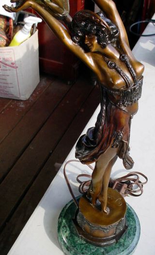 BRONZE DECO SWAYING DANCER NUDE LAMP BY CLAIRE COLINET W/ ART GLASS SHADE N/R 5