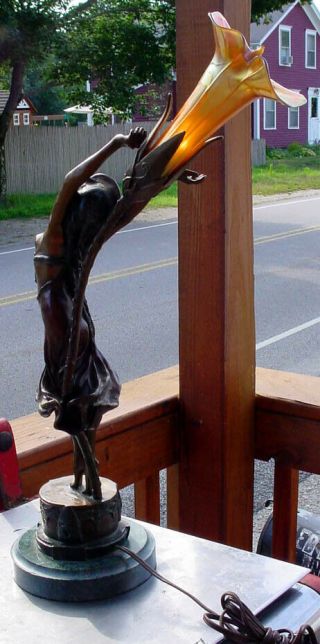 BRONZE DECO SWAYING DANCER NUDE LAMP BY CLAIRE COLINET W/ ART GLASS SHADE N/R 8