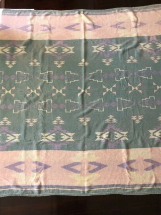 Vintage Southwest Cotton Camp Blanket Pastels Green Pink Purple 54x57 Reversible