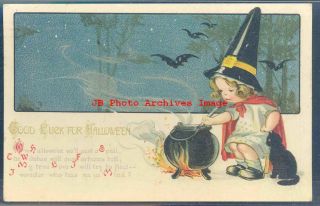Halloween,  Gottschalk Gelatin No 2696 - 1,  Black Cat Watches Girl Witch & Cauldron