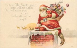 Vintage Pink Co.  Christmas Postcard Santa Claus Getting In Chimney,  Sack Of Toys