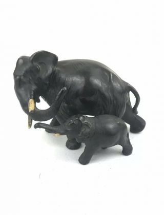 Vintage Cast Iron Mother And Baby Elephant Doorstop With Tusks Black 6 Inch