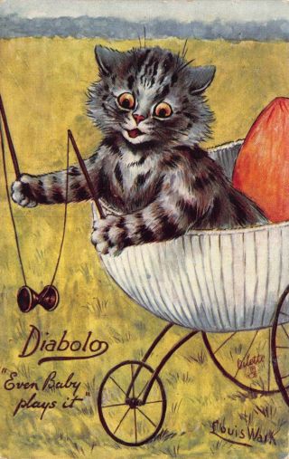 Louis Wain Artwork Postcard Kitten Cat In A Baby Stroller Diabolo 112710
