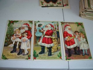 3 Vintage Postcards Christmas Santa With Victorian Girls Same Series 227