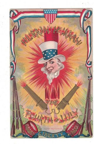 Postcard Embossed July 4th Uncle Sam Hurrah Hurrah Two Cannons Going Off