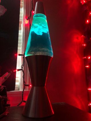 Vintage Lava Lite Lava Lamp— Silver Base With Green Lava And Blue Water
