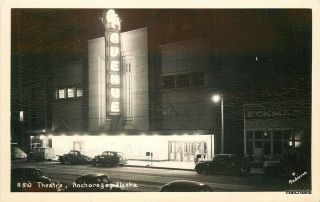 1940s Avenue Theater Marquee Night Anchorage Alaska Rppc Real Photo 5782
