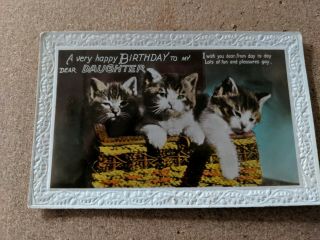 Cat Vintage Postcard.  Rppc.  3 Tabby Kitten.  Wicker Basket.  Birthday.  Pm 1937