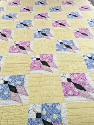 Vintage Handmade Feed Sack Fancy Butterfly Quilt 74 " X 83 " Cheddar Back