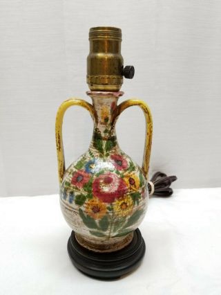 Vintage Antique Ceramic Majolica Art Pottery Table Lamp Light Floral Handle Vase