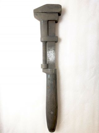 Old Antique Vintage Tools 18 " Wooden Handle Adjustable Monkey Wrench