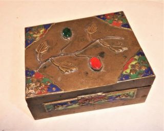 Vintage Brass Trinket Box Made In China - Decorated W Stones And Enamel Designs