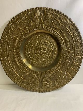 Huge Handmade Embossed Brass Wall Plate/ Charger Plaque Aztec/mayan Calendar