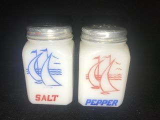 Sailboat Salt Pepper Shakers Milk Glass Usa Vintage Hazel Atlas Red White Blue